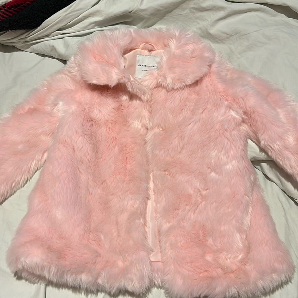 Janie & Jack 5/6 pale pink faux furn coat lined warm pockets collar euc